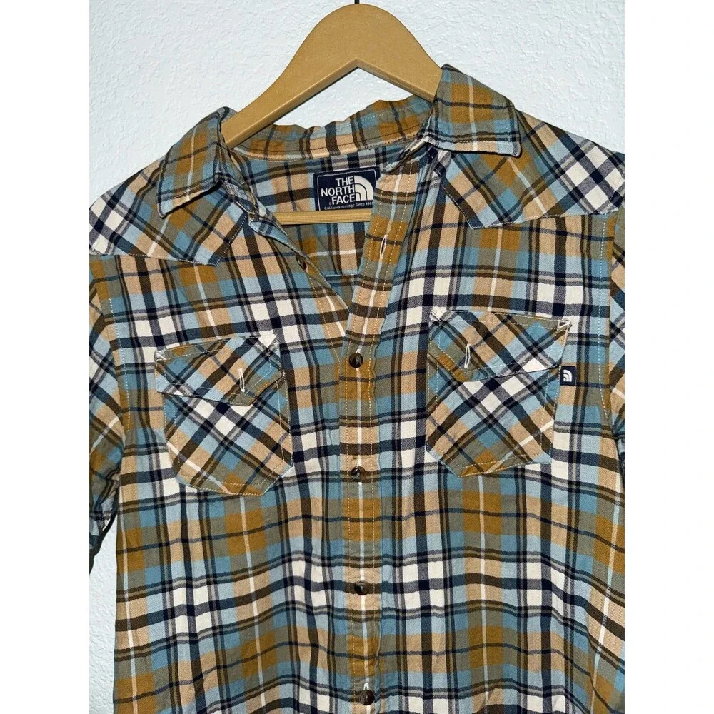 The North Face Plaid Shirt Mens Blue Brown Short Sleeve Button Up Dual Pocket